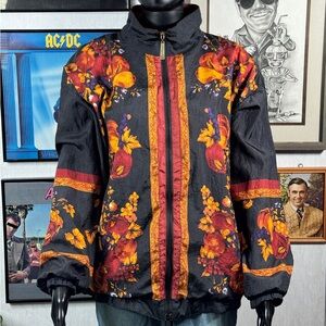 Vintage Adolfo Sport Floral Windbreaker Jacket | 90s Black Zip-Up | Size L
